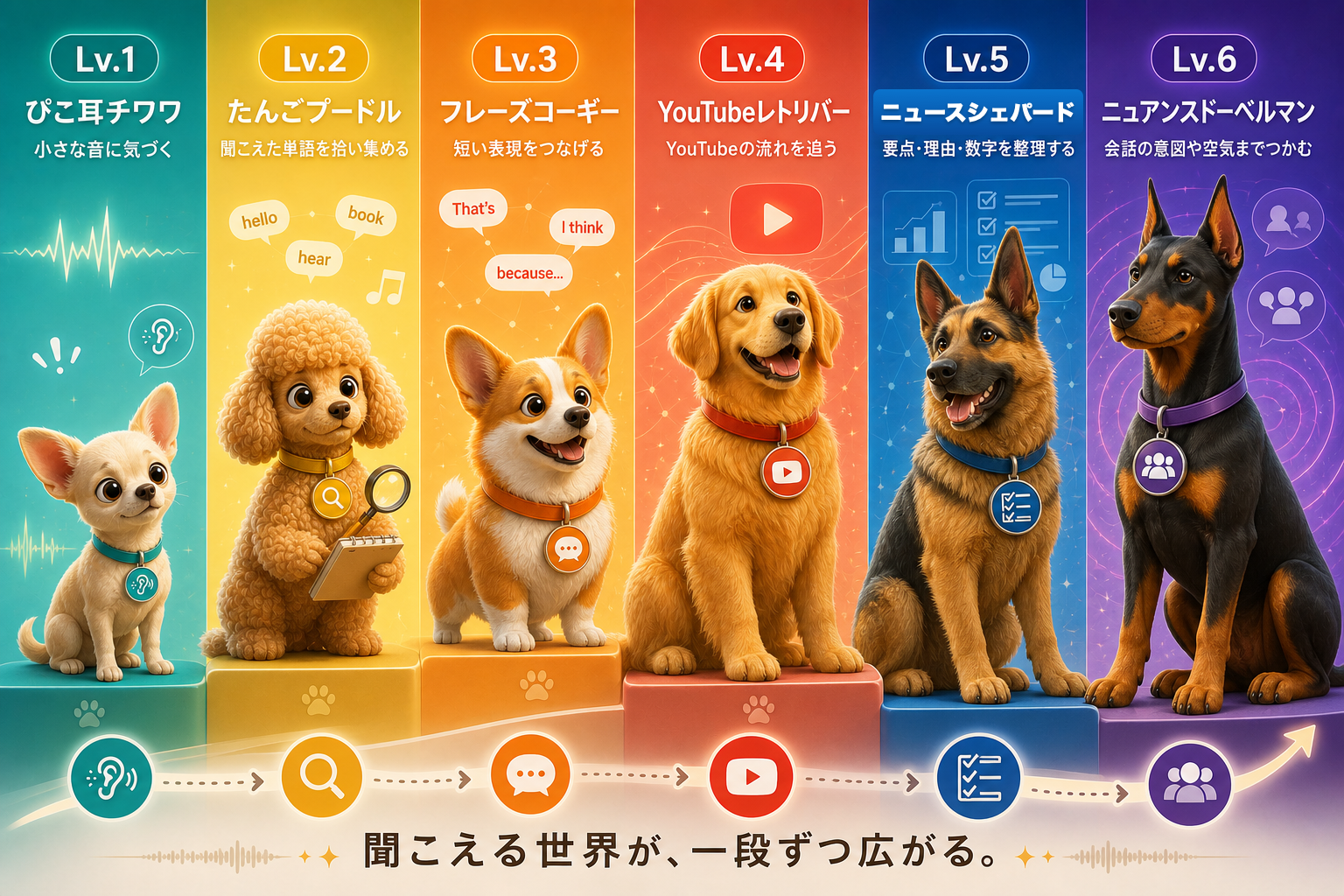 英語耳マップ診断の犬キャラクターたち